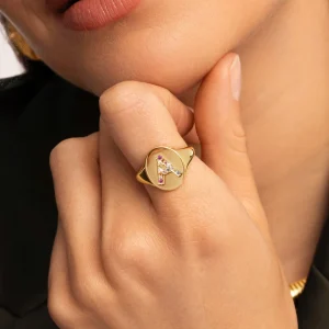 Clearance SINGULARU Anillo Personalizado Signet Letter Colors Baño Oro