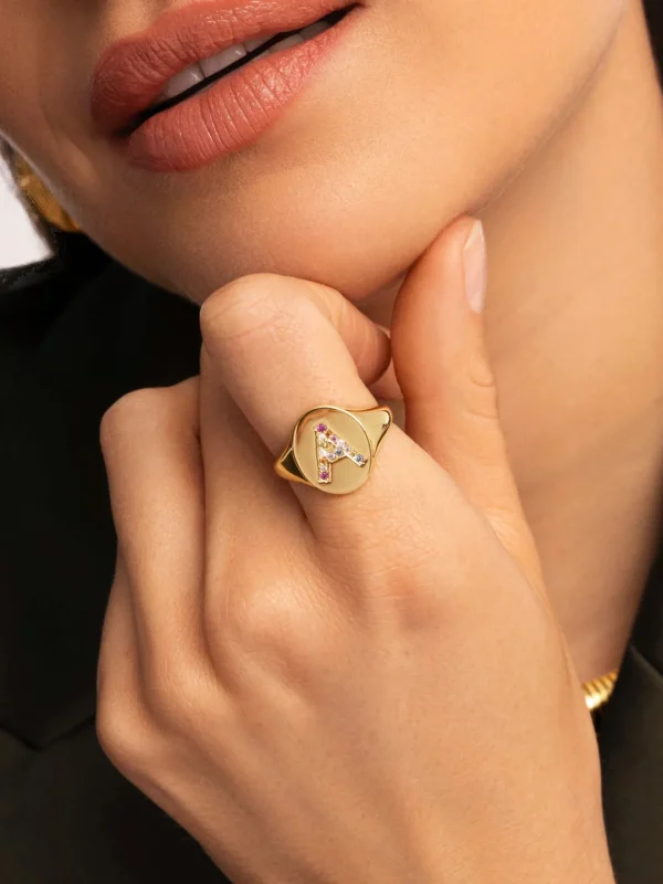 Clearance SINGULARU Anillo Personalizado Signet Letter Colors Baño Oro