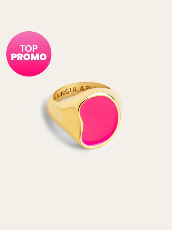 Outlet SINGULARU Anillo Signet Bean Neon Pink Enamel Baño Oro