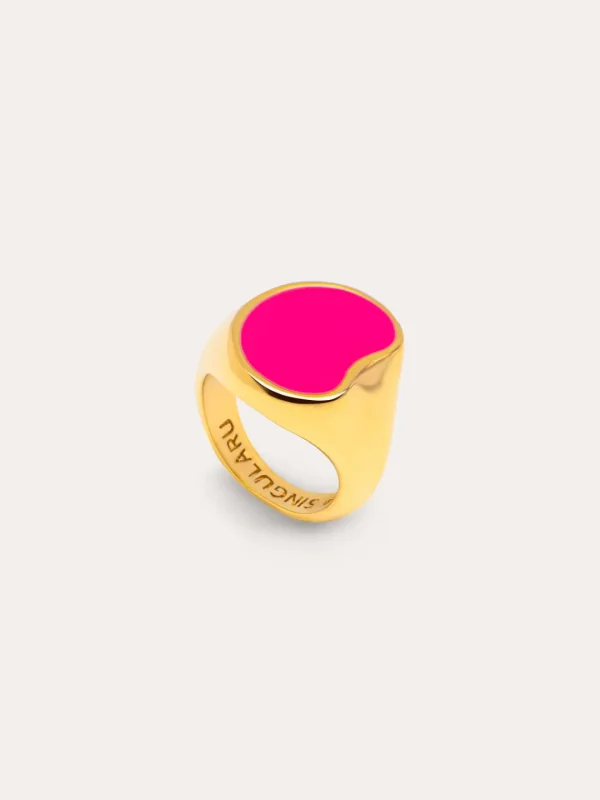 Outlet SINGULARU Anillo Signet Bean Neon Pink Enamel Baño Oro