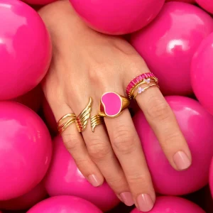 Outlet SINGULARU Anillo Signet Bean Neon Pink Enamel Baño Oro