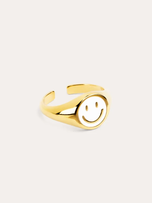 Hot SINGULARU Anillo Smiley White Enamel Baño Oro