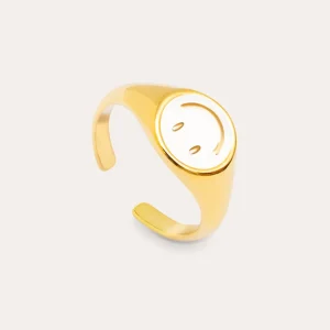 Hot SINGULARU Anillo Smiley White Enamel Baño Oro