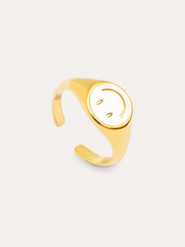 Hot SINGULARU Anillo Smiley White Enamel Baño Oro