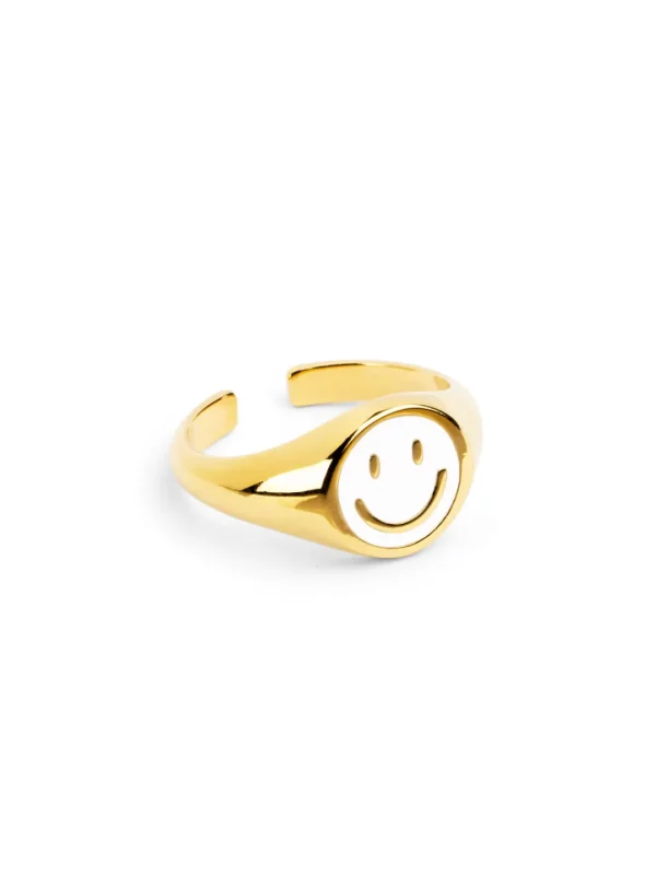 Hot SINGULARU Anillo Smiley White Enamel Baño Oro