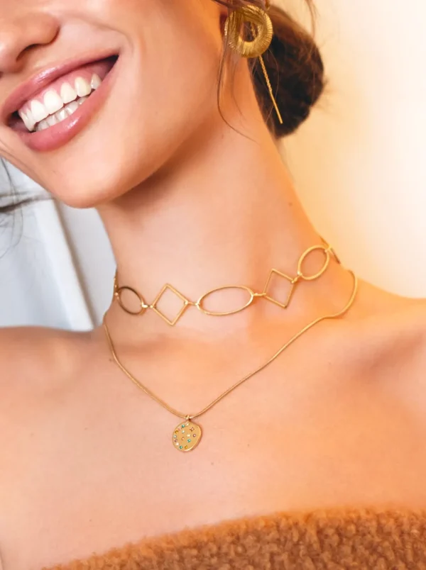 Outlet SINGULARU Choker Rhomb & Oval Acero Baño Oro