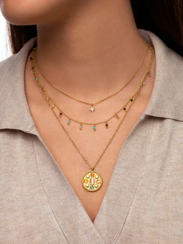 Discount SINGULARU Collar Medallion Five Stones Acero Baño Oro