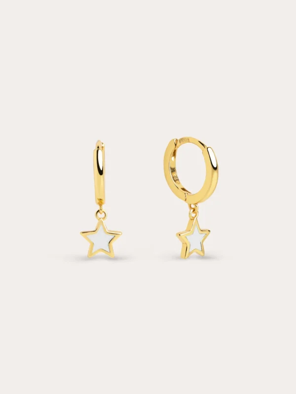 New SINGULARU Pendientes Aro Star White Enamel Plata Baño Oro